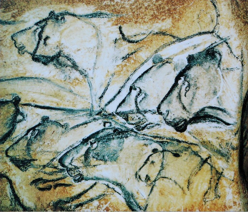Lions painted in the Chauvet Cave (Ardèche, France). This is a replica of the painting from the Brno museum Anthropos (Czech Republic). The absence of the mane sometimes leads to these paintings being described as portraits of lionesses.