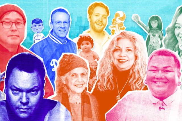 The featured creators, dolls, and figurines of L.A. at Play: Dolls & Figurines collaged on an aqua background