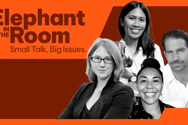 Orange border around Mairin Balisi, Charles Annenberg Weingarten, Emily Lindsey, and Jazlyn Mooney, against a maroon background  