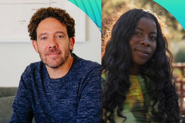 Head and shoulders portrait of DJ Kurs, wearing a blue long sleeve shirt, next to a head and shoulders portrait  Dr. Yewande Pearse, wearing a yellow and green long sleeve shirt