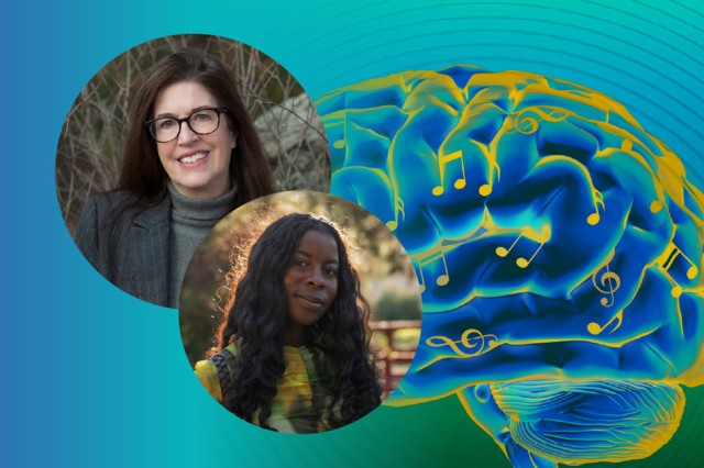 Circular frames around Dr. Susan Rogers and Dr. Yewande Pearse next to an illustration of a brain in blue, aqua, and yellow, against a blue and sea-green background