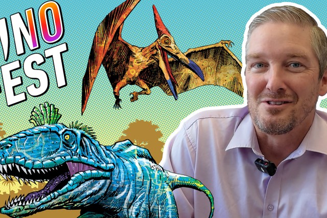 Dino Fest in capital white, orange, and pink letters next to an orange winged dinosaur, a blue dinosaur, and a head and shoulders portrait of Nate Smith 