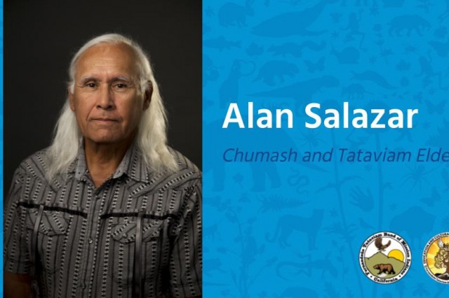 slide with the text "Alan Salazar, Chumash and Tataviam Elder", and a picture of Alan, a man with shoulder length white hair and a patterned shirt