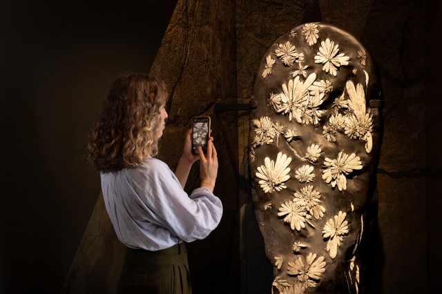 Visitor taking a photo with a cellphone photo a gray stone with white flower-like shapes
