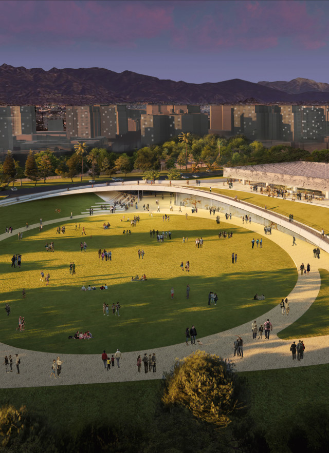 La Brea Tar Pits rendering arial view exterior at night