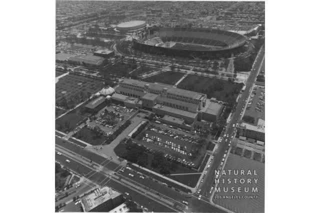 Archival aerial shot of the NHM campus from NHM's Seaver Center