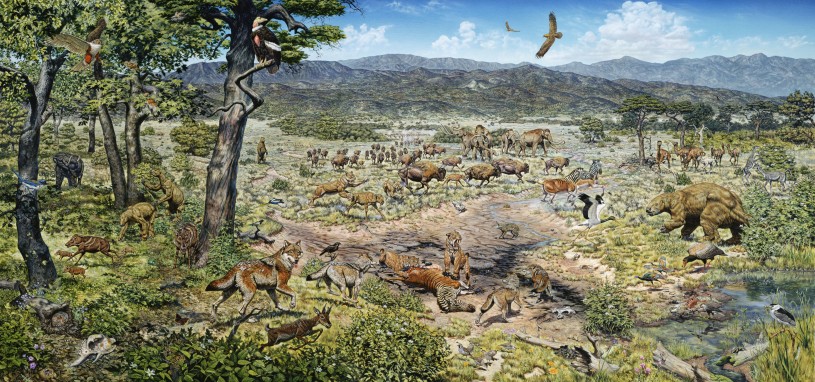 Painting of ice age Los Angeles featuring animals found as fossils at the Tar Pits