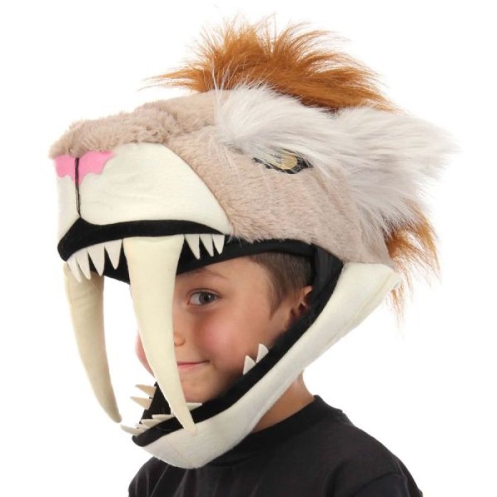 Child wearing a stuffed animal saber-toothed cat hat