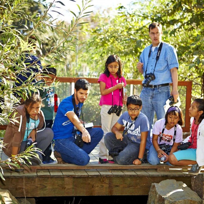 group next to the pond in nature gardens
