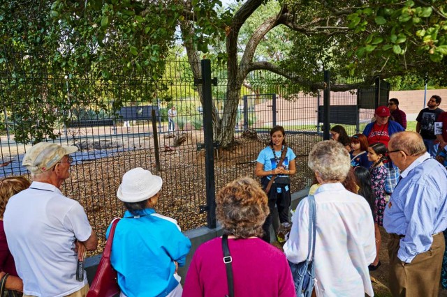 Museum Educator speaking to a group of visitors outside of a fenced area