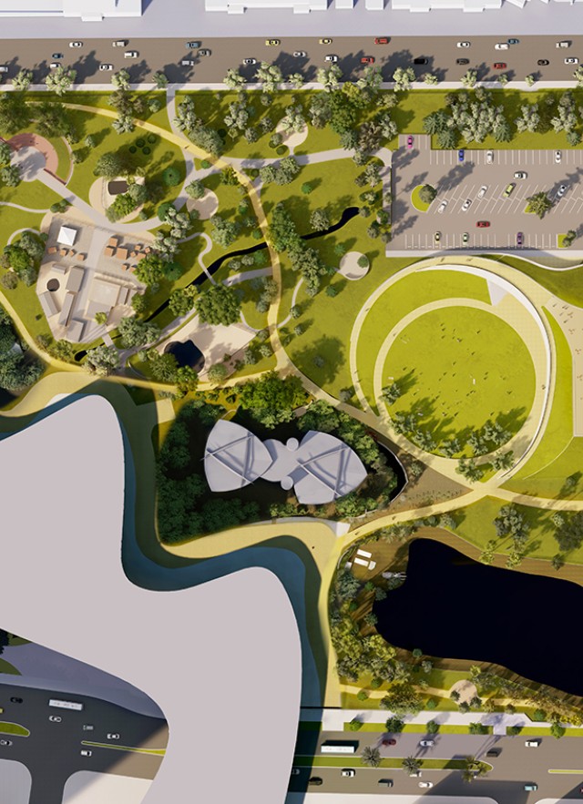 Rendering of aerial view of tar pits and circular grassy areas