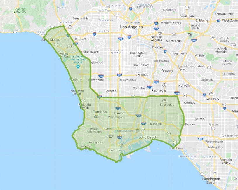 Map of the SuperProject 4 Boundary, on the coastal side of the 405 and 91 freeways from the Pacific Palisades to Long Beach