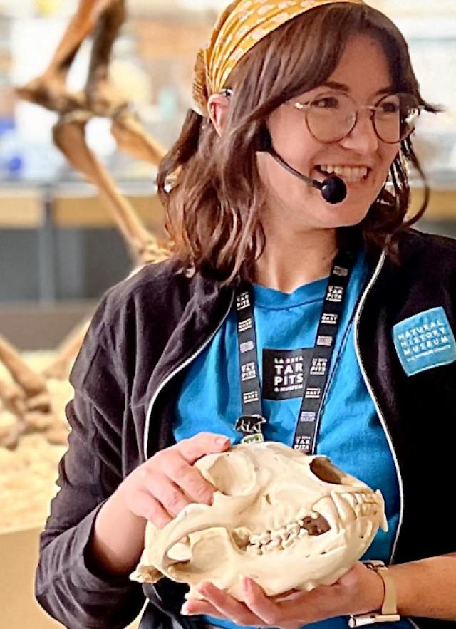 Museum Educator wearing a headset with a microphone and holding a skull.