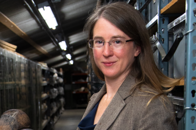 Dr. Emily Lindsey in the La Brea Tar Pits collections close up