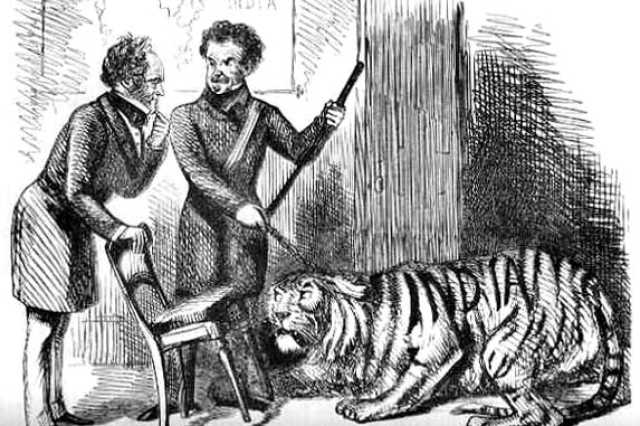Cartoon with Lord Palmerston, Sir Colin Campbell, referencing the Sepoy Mutiny of 1857, entitled "The New Year's Gift", India is represented by a cowed tiger. Punch ​​​​​​​magazine,  1858 