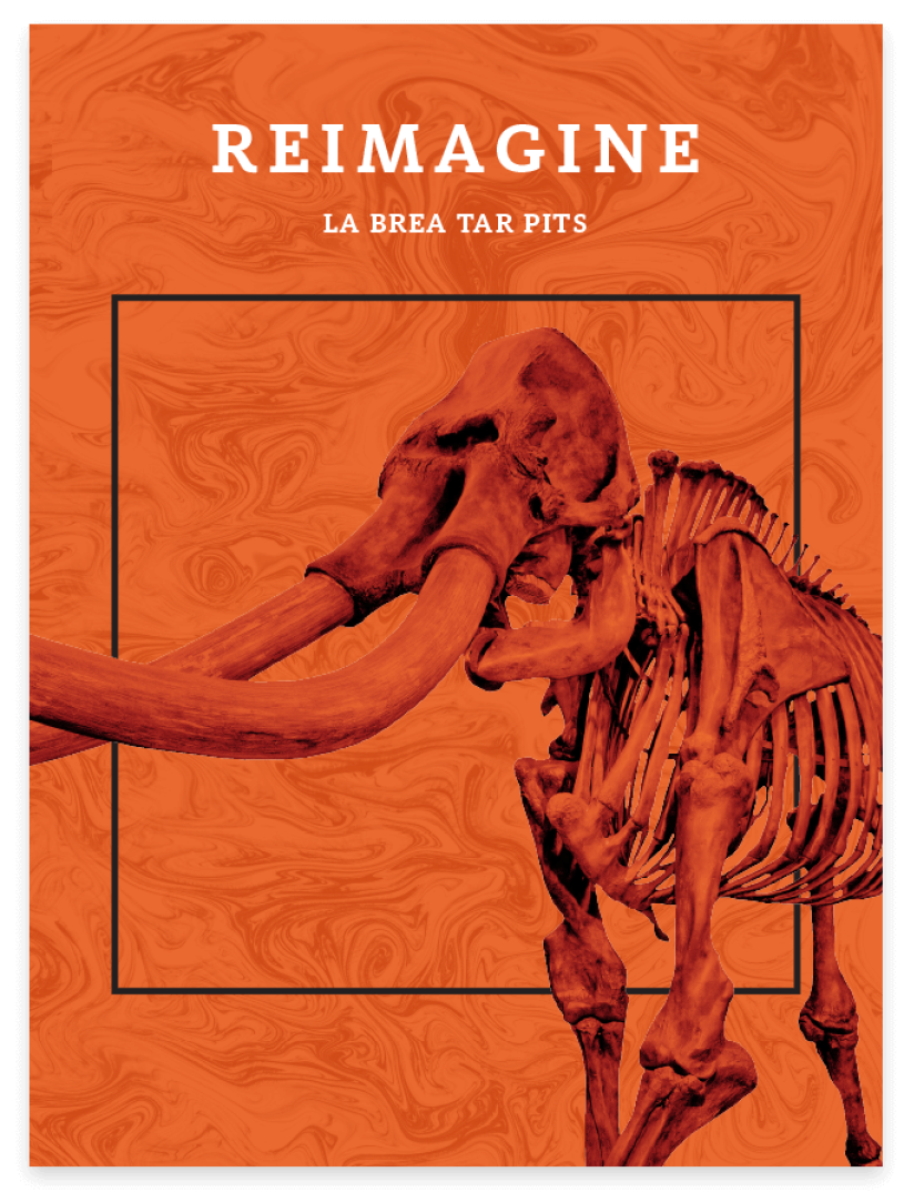 A flier with 'Reimagine La Brea Tar Pits' written above mastodon skeleton with its tusks reaching beyond the frame of the page and the forelimbs and head framed by a thin black square.