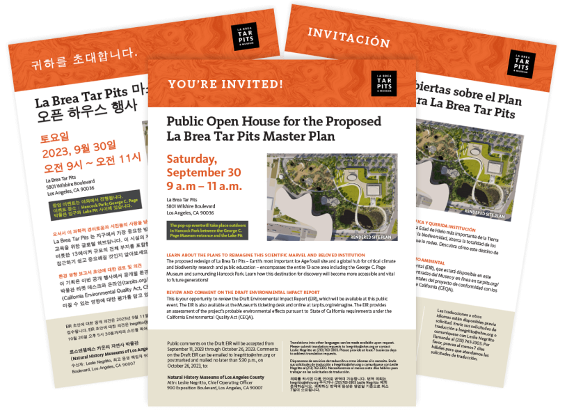 A stack of three flyers announcing a public open house with the single in front in english, the left behind it in Korean, and the right in Spanish.