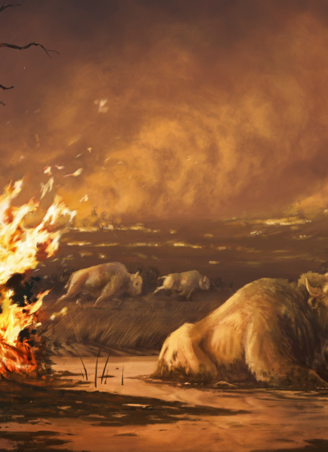 Life reconstruction of fire at La Brea Tar Pits during the Pleistocene as bison are stuck during a wildfire