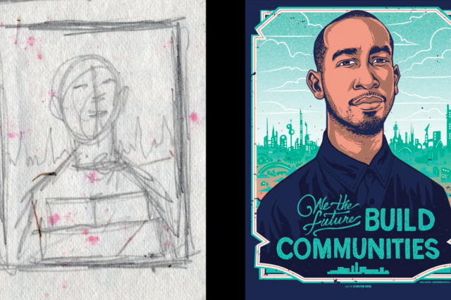 Thumbnail sketch and complete poster for art activity