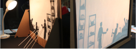Side by side images of behind the screen of shadow theater and the resulting shadow figures on the right