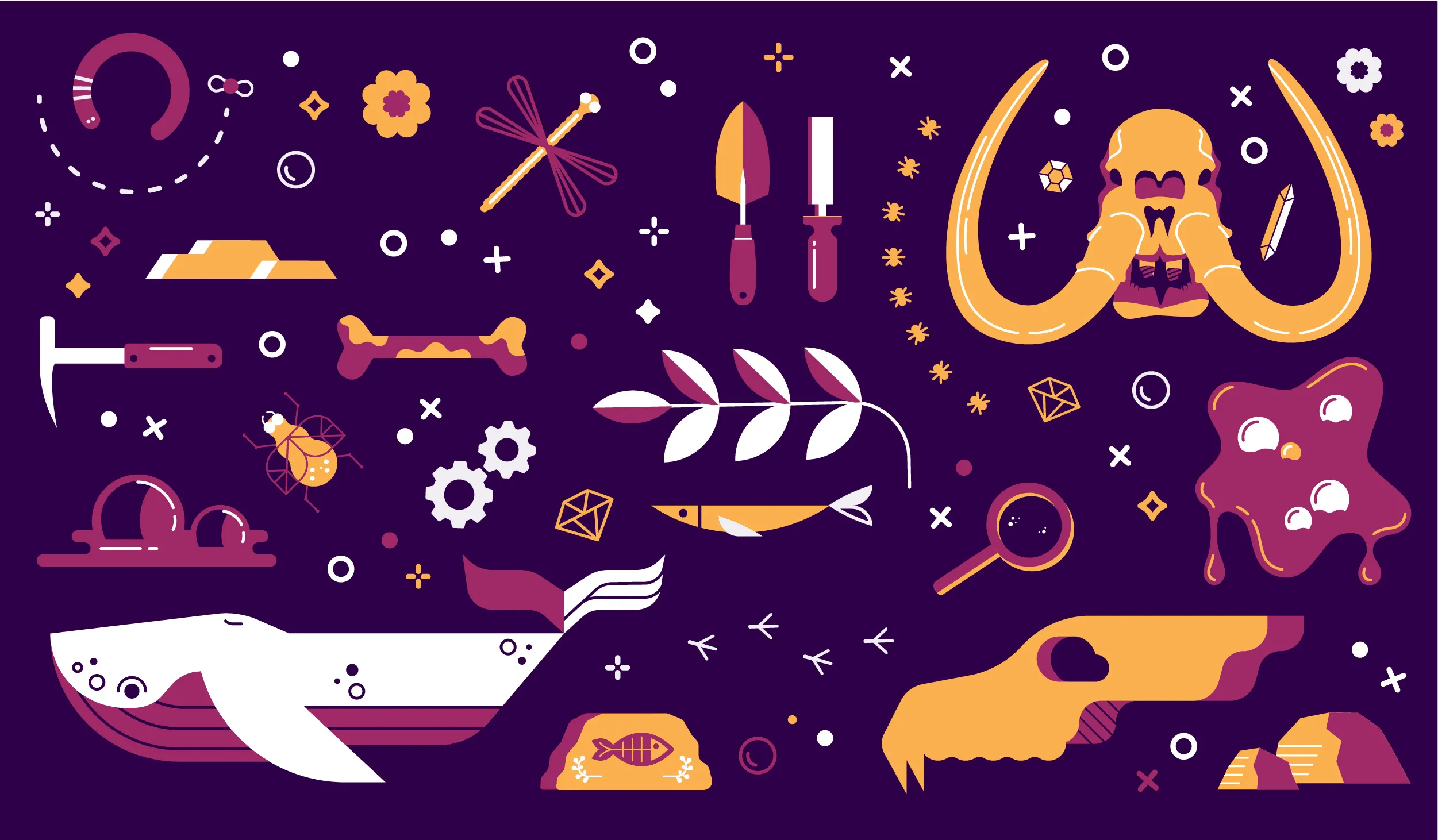 Skulls, dragonfly, gears, and other scientific illustrations in yellow, pink, and white on purple background